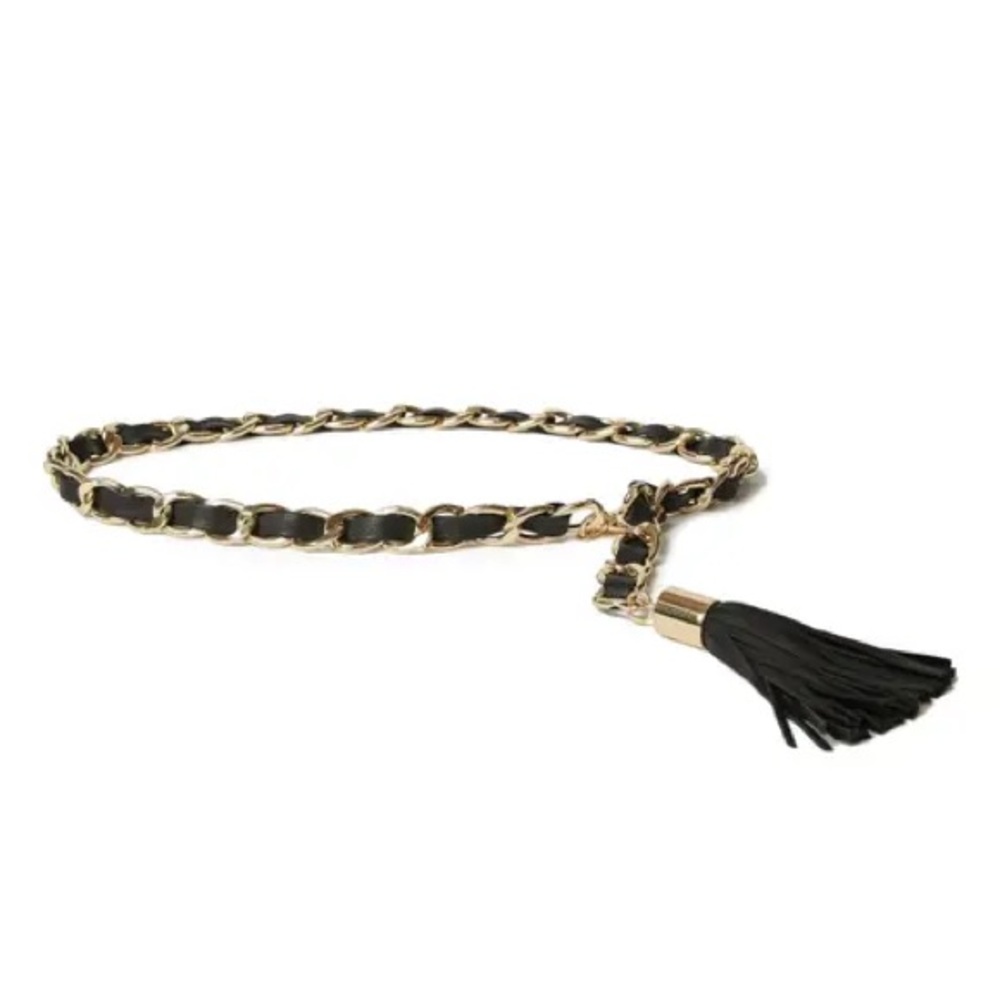 B-low The Belt Women’s Gwen Leather & Chain Belt Size 3/4”W Black/Gold